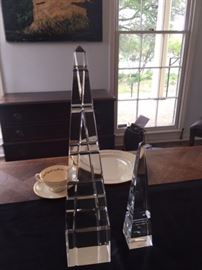 Cartier leaded crystal obelisk and Baccarat leaded crystal pyramid.
