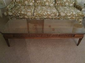 Vintage Fruitwood Cocktail/Coffee Table, Italianate Styling with a Custom-Cut Glass Top.  61" X 21"