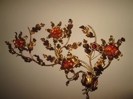 WOW!!!  Stunning Vintage Hollywood Regency Lighted Wall Sconce.  Italian and Designed with  Floral Tole Amber Glass and Gold Gilt.  What a Find!!!