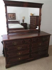 Link-Taylor Vintage Queen Bedroom Group in Tavern Pine Finish:  Dresser 60" X 20", Mirror, Chest on Chest     42" X 19", 2-Nightstands 27" X 18" Tray-Style with Slate Inserts 