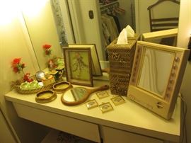 Bath Accessories, including 2-Gold Kleenex Boxes and a Glass Tray of the Vintage Hollywood Regency Style