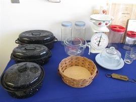 Roasters, Pyrex, Storage Jars and a Scale