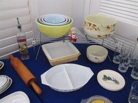 Oval Divided Pyrex Dish "Snowflake" Pattern.             Hall's "Jewel & Autumn Leaf" Bowls                                               Unicorn Pattern Glass Set