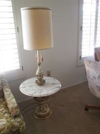Hollywood Regency Flair!  Marble-Top Pedestal Floor Lamp, Gold Gilt with Fringe Pulls, 24" Diameter
