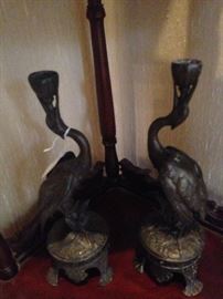 Bronze crane candleholders