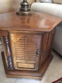 6 sided end table with louvre doors and storage, solid rock maple