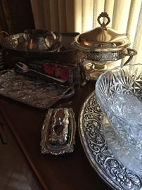 Pewter, crystal silver plate serving pieces galore