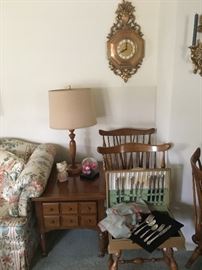 Solid rock maple living room furniture, a like new vintage sofa, turned "Colonial" 1950's lamp, Rogers silverplate flatware in box, Syroco wall clock, runs on batterry
