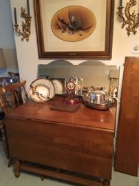 Schatz anniversary clock with glass dome, solid rock maple drop leaf table with additional leaf, flatware in box, 