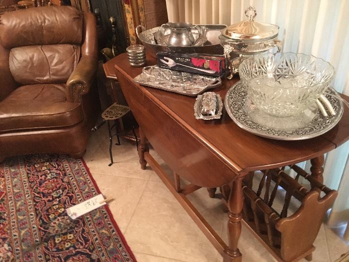 Solid rock maple drop leaf table, punch bowl with pewter tray Miscellaneous pewter and silver plate