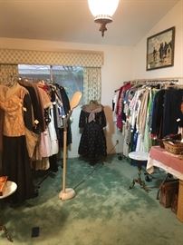 Vintage clothing room also purses, vanity bench, scarves and accessorties marble topped tables and more.
