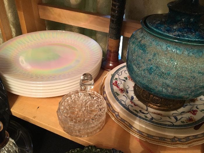 L: Opalescent dinner plates R: Rosenthal Netter lidded Italian ceramic bowl with gold base.