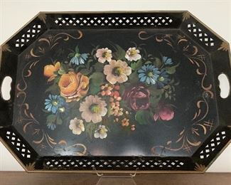 Large Vintage hand painted floral tole tray with retriculated sides and moustache cut-out handles