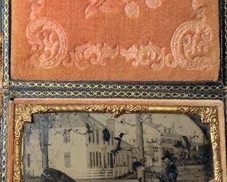 Ambrotype man in a horse drawn carriage in front of a big home