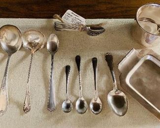 Sterling baby cup and misc. spoons, ladles and small tray