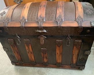 Crocodile tooled humpback steamer trunk