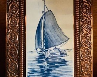 Holland tile of sail boat in a copper tooled frame