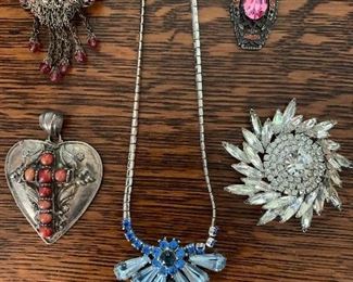 Czech brooch with dangles, large sterling heart with coral cross, Weiss signed large rhinestone brooch