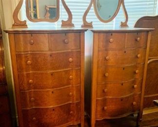 Pair of birds eye maple high boy dressers with swivel mirrors