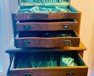 Satin-lined silver ware chest tiger oak