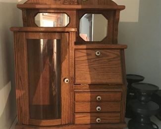 Child's oak side-by-side cupboard and drop front desk.