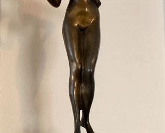 French ART DECO Bronze Sculpture Nude Girl w/Bird PIERRE Le FAGUAYS (FAYRAL)