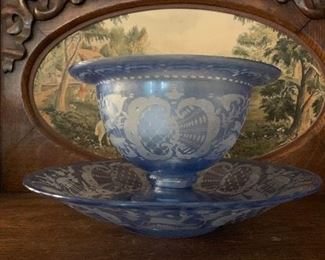 Hand etched blue glass Victorian bowl and under-plate