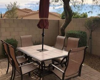 Patio Table w 4 Side Chairs, 2 Swivel Arm Chairs, Umbrella and Base