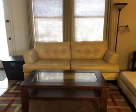 Ashley Pleather Sofa, Chair and Ottoman Storage Trunk Area Rug End Tables (pr) Coffee Table w Glass Inset