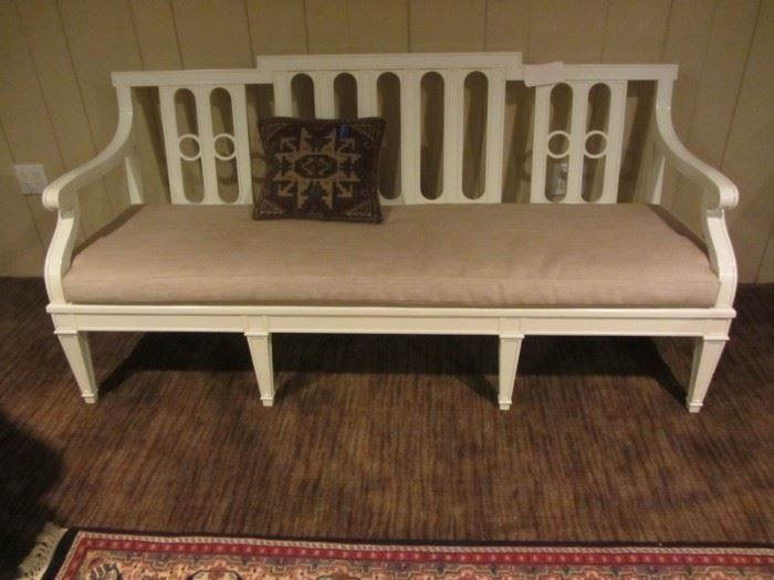 WHITE LACQUER BENCH WITH CUSTOM CUSHION
