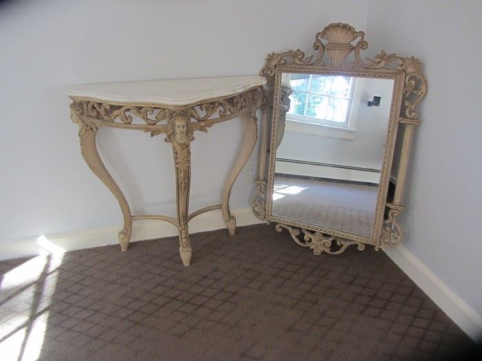 CARVED ITALIAN MARBLE TOP TABLE AND MIRROR