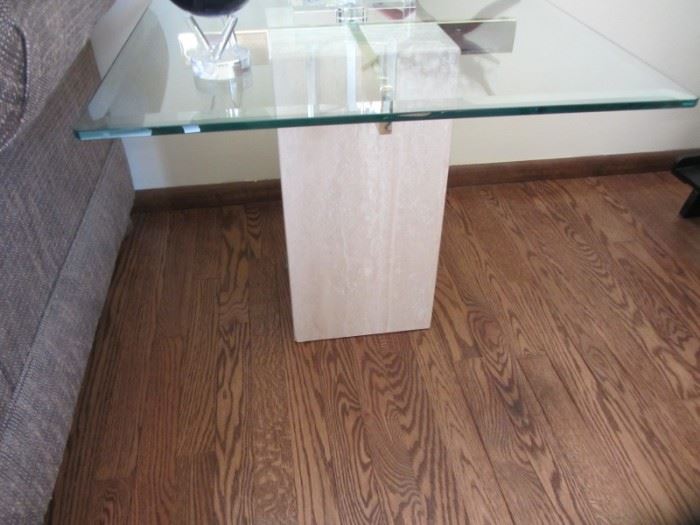 ARTEDI ITALIAN TRAVERTINE END TABLE  WITH BEVELED GLASS TOP