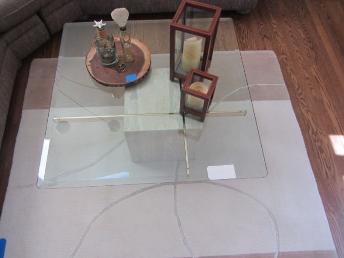  ARTEDI ITALIAN TRAVERTINE COFFEE TABLE  WITH BEVELED GLASS TOP