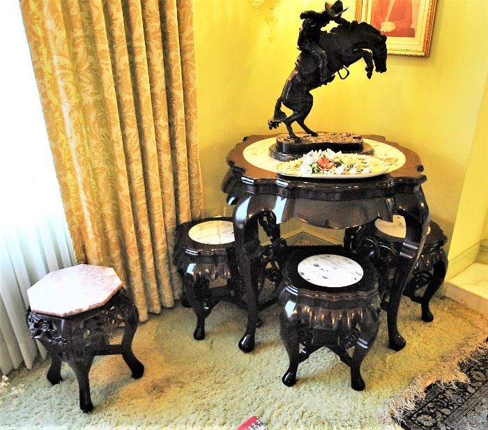 Remington Bronze on Inlaid carved table with stools