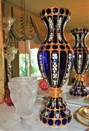 Lalique Vase and Huge Bohemian handpainted glass