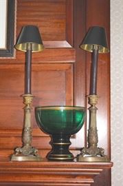 Green and Gold Decorative Bowl with Pair pf Candlesticks/Lamps