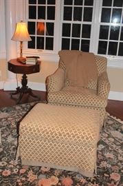 Octagonal Side Table  with Lamp, Upholstered Easy Chair and Ottoman