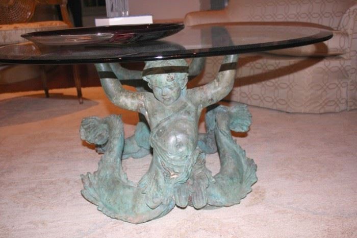 Glass Top Coffee Table with Statue Base