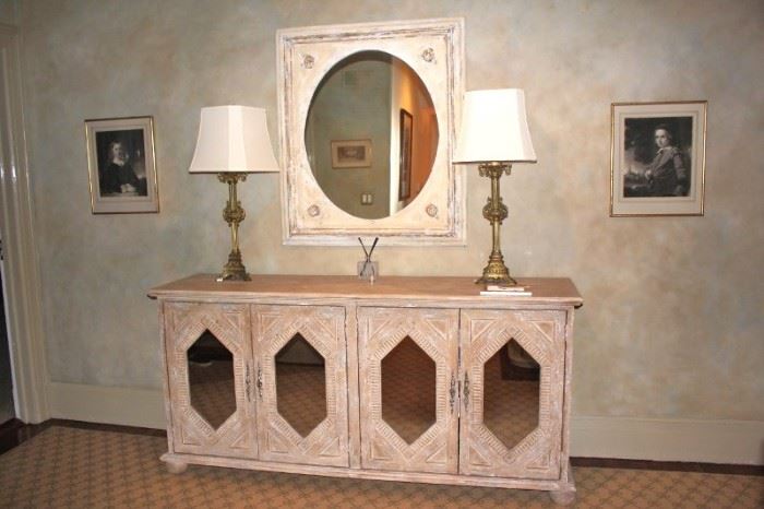 Mirror fronted Cabinet, Mirror, Lamps and Portrait Art