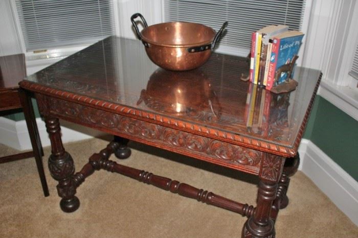 Carved Table with Protective Glass Top, Books and Brass Bowl