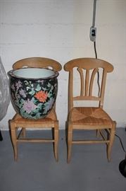 Pair of Cane Bottom Chairs and Large Decorative Pot 