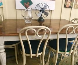 Thonet style wood chairs, farm house table, old fan
