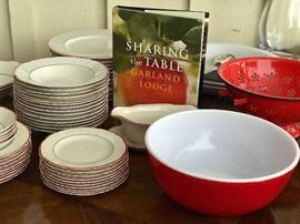 old Syracuse red & black band dishes, large red pyrex mixing bowl