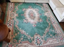 Vintage hand-woven Chinese floral area rug. Very soft and luxurious feeling! Woven with floral design in turquois/blue/green, and pink tones. Size of rug is approx 12' ft X 9' ft. (Actual measurements are 143" x 105"). See lot 12 for other Chinese area rug.
***REMOVAL DAY FOR THIS ITEM IS THURSDAY, MARCH 14th FROM 10:00 A.M to 2:00 P.M ONLY. PLEASE BE SURE TO READ INFORMATION LOT "0" FOR SPECIAL REMOVAL INSTRUCTIONS ON THIS ITEM***