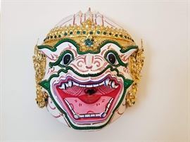 Hand made Hanuman Khon Mask. Life size. Made from layers of papier-mache and plaster. Gold leaf and colored glass and jewels are applied to elaborate the tiara or crown and facial details are painted on. Measures 9" deep, 10" wide, 8" high.