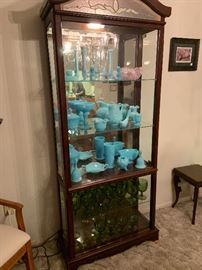 blue Fenton milk glass and green glassware set