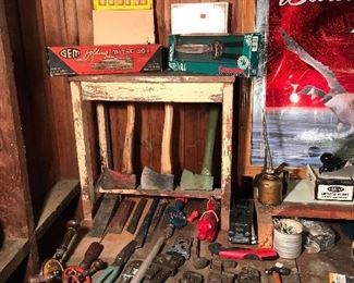 Gem mitre box, vintage tools and vintage Budweiser sign.