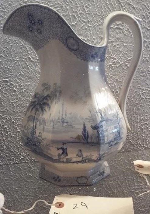 Large old antique blue willow ware pitcher
