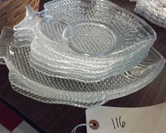 old glass fish serving set
