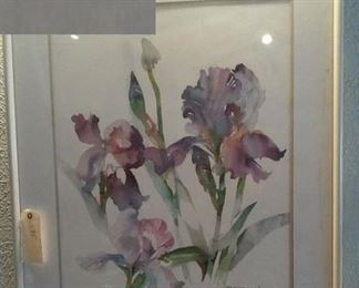 huge original watercolor of purple irises signed B. Stroud